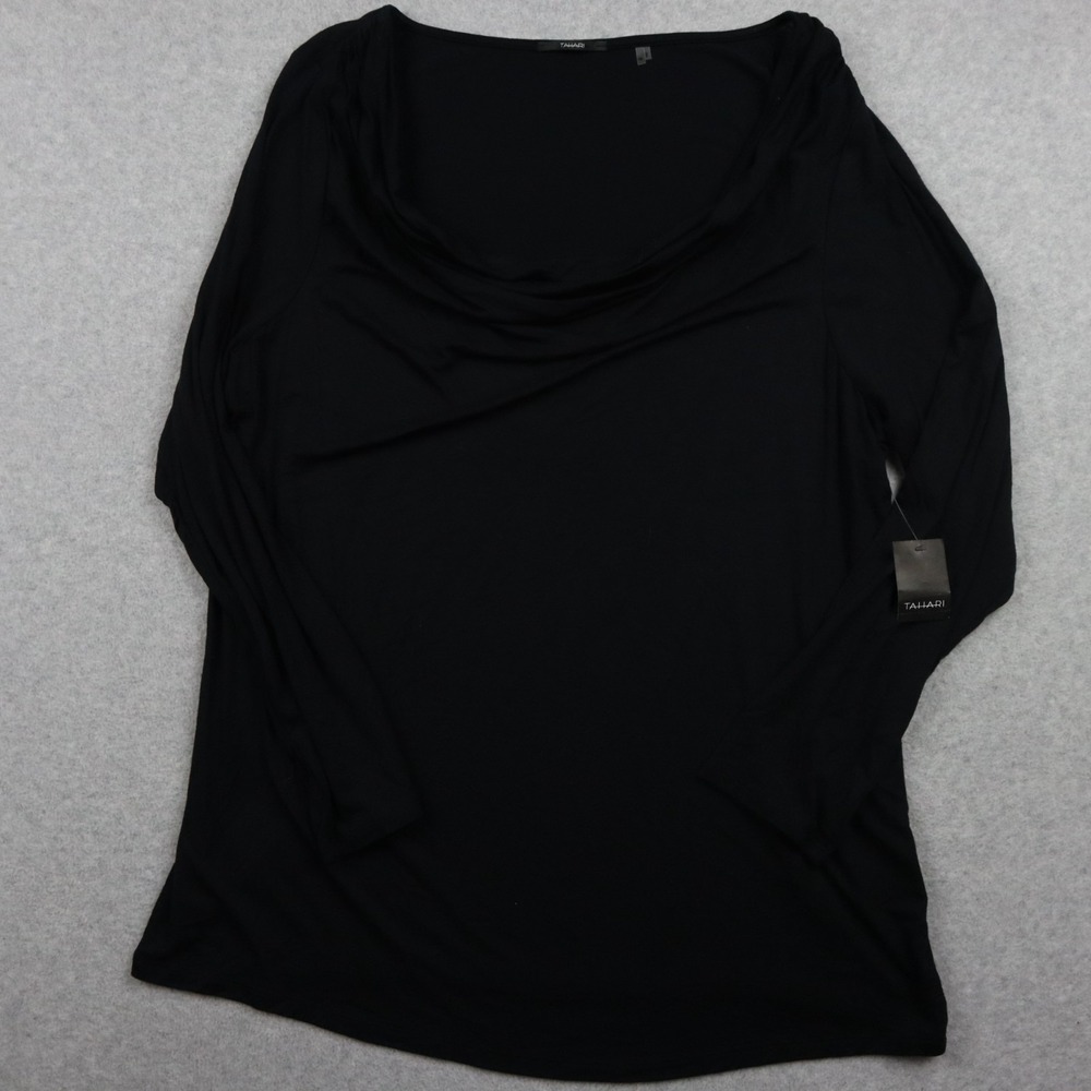 Tahari Top Womens 1X Cali Knit Tunic Drape‎ Neck Stretch Black Long Sleeve NWT
